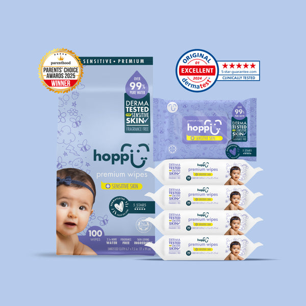 Hoppi Premium Wipes [German Dermatologically Tested] with Halal Certified (20 Wipes x 5 Packs)