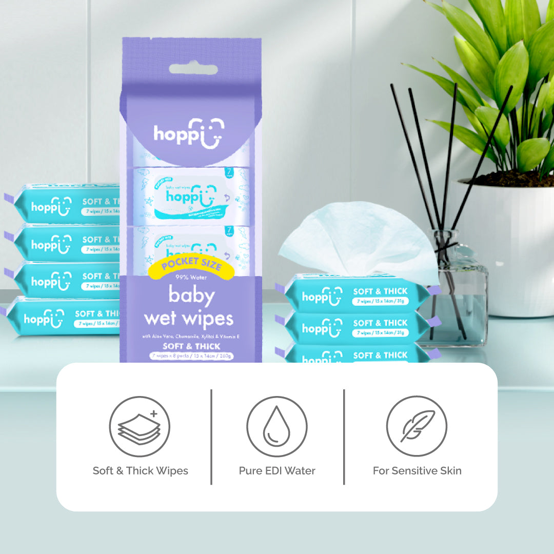 Hoppi Pocket Size Baby Wet Wipes 7's (8 Packs/ 24 Packs )